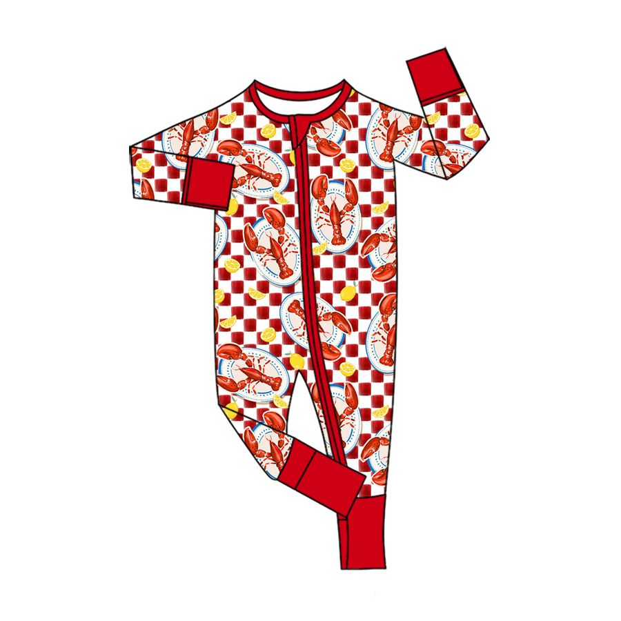 ( Moq 5 ) Preorder Baby Toddler Kids Crayfish Red Checked Zipper Footie Romper Clothes