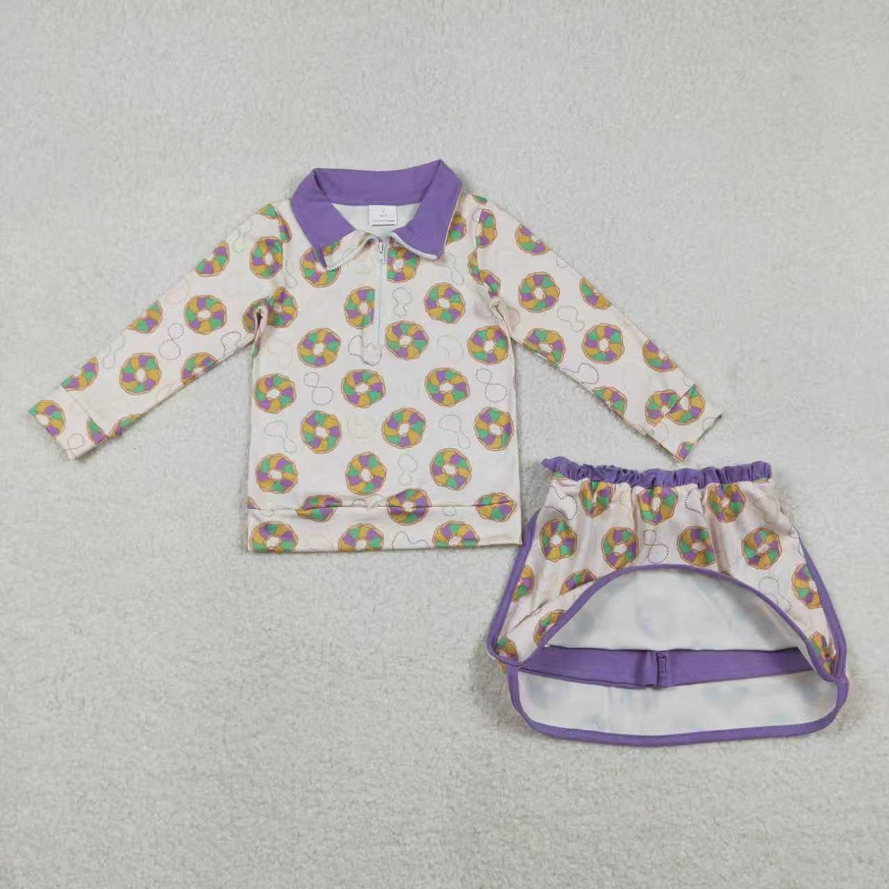 Sibling Baby Girls Kids Bows Donuts Masks Zipper Tops Shorts Skirt Skort Mardi Gras Set RTS