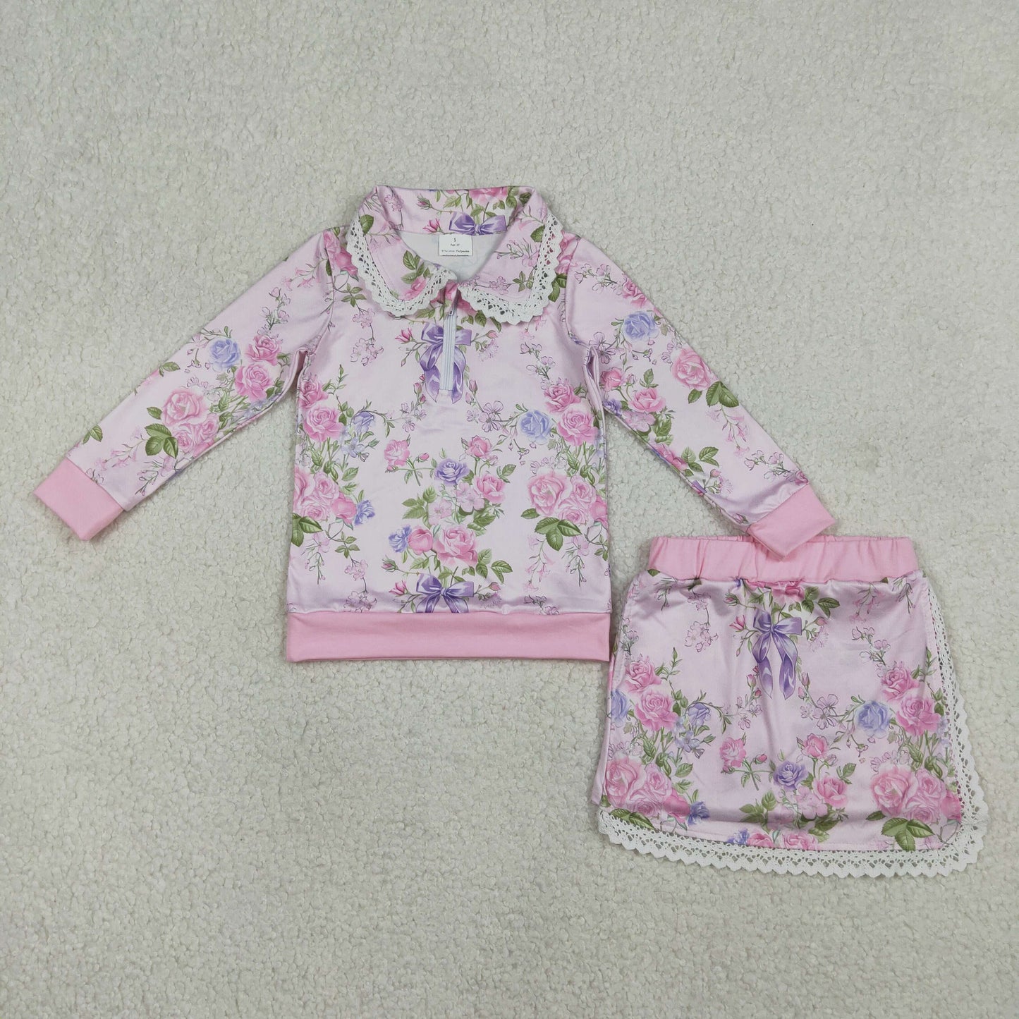 Baby Girls Kids Long Sleeves Flower Zipper Tops Shorts Skirt Pink Clothes Set RTS