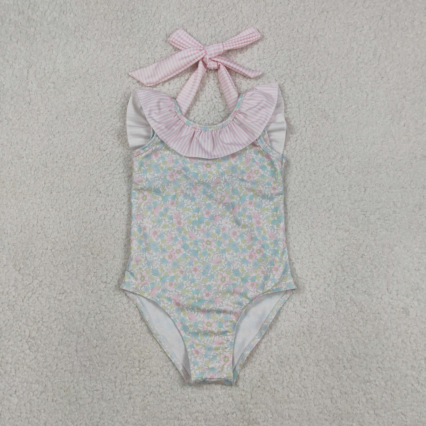 Baby Girls Kids Stripes Bows Floral Summer One-piece Swimsuit RTS