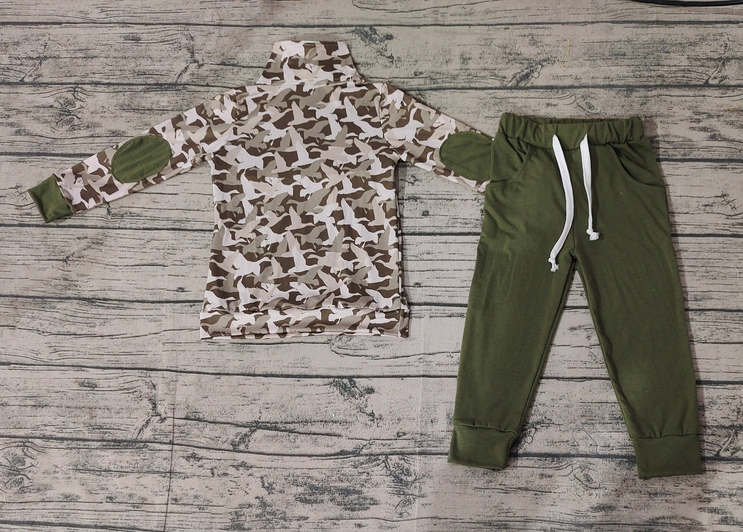 Baby Boy Ducks Camo Pullover Shirt Green Pocket Cotton Pants Set