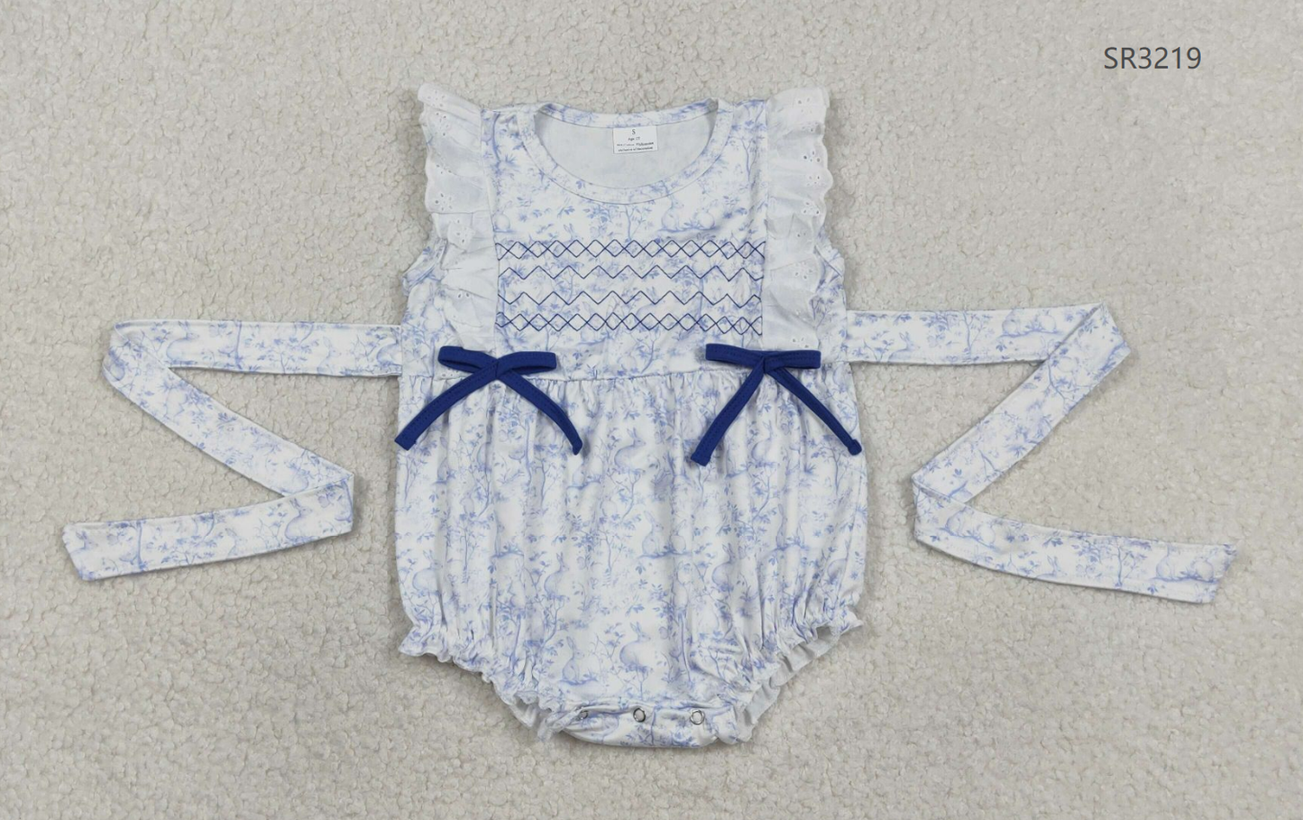 Baby Girls Infant Embroidery Bows Easter Rabbits Knee Bubble Romper RTS