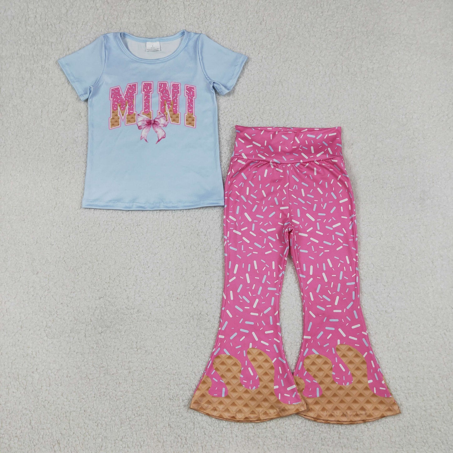 Baby Girls Kids Short Sleeves Mini Bow Blue Shirt Sprinkles Bell Pants Clothes Set RTS