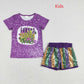 GSSO0528 Baby Girl Mardi Gras Short Sleeves Shirt Stripes Sequins Shorts Purple Set