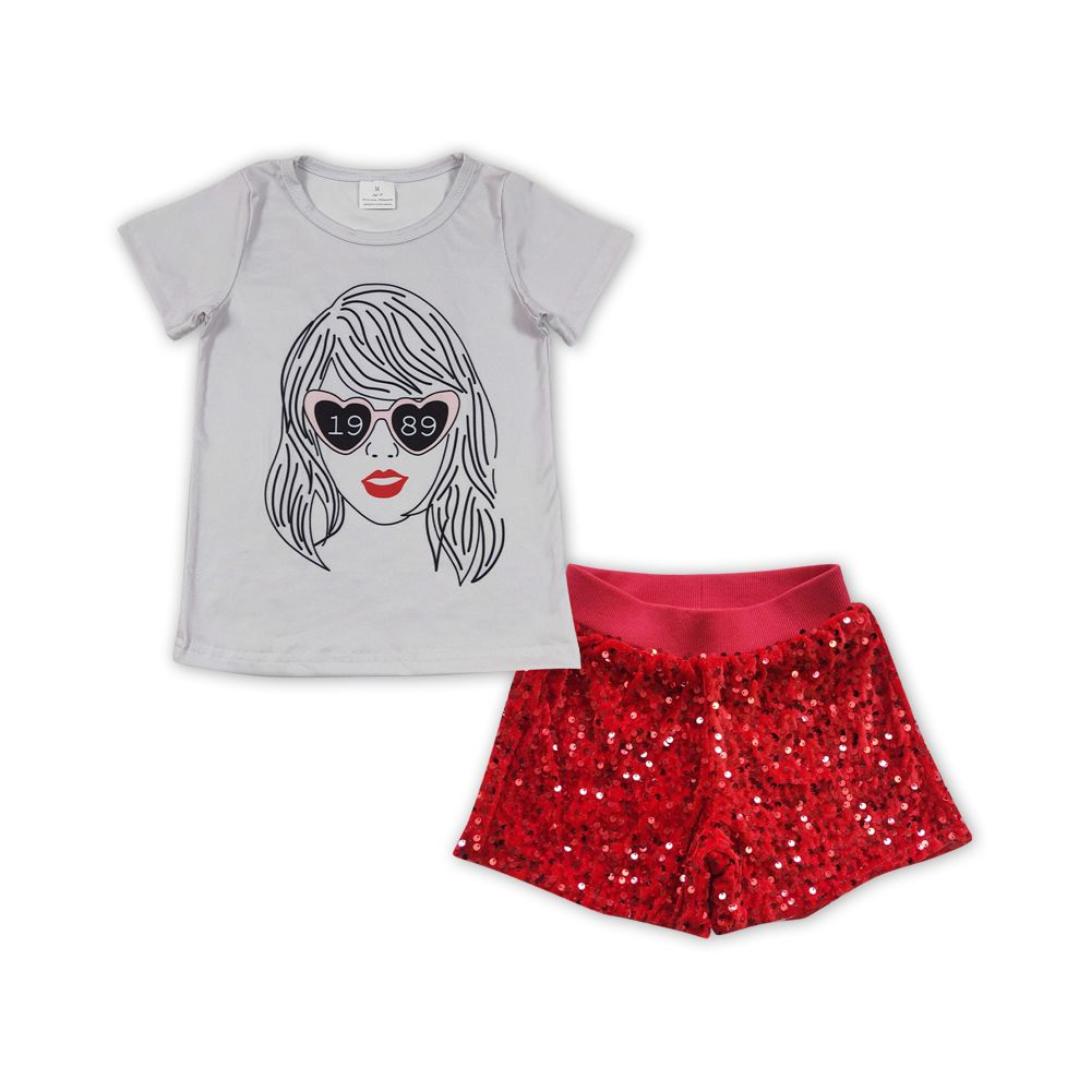 GSSO0861 Baby Girl Short Sleeves Singer Shirt Red Sequins Shorts Set