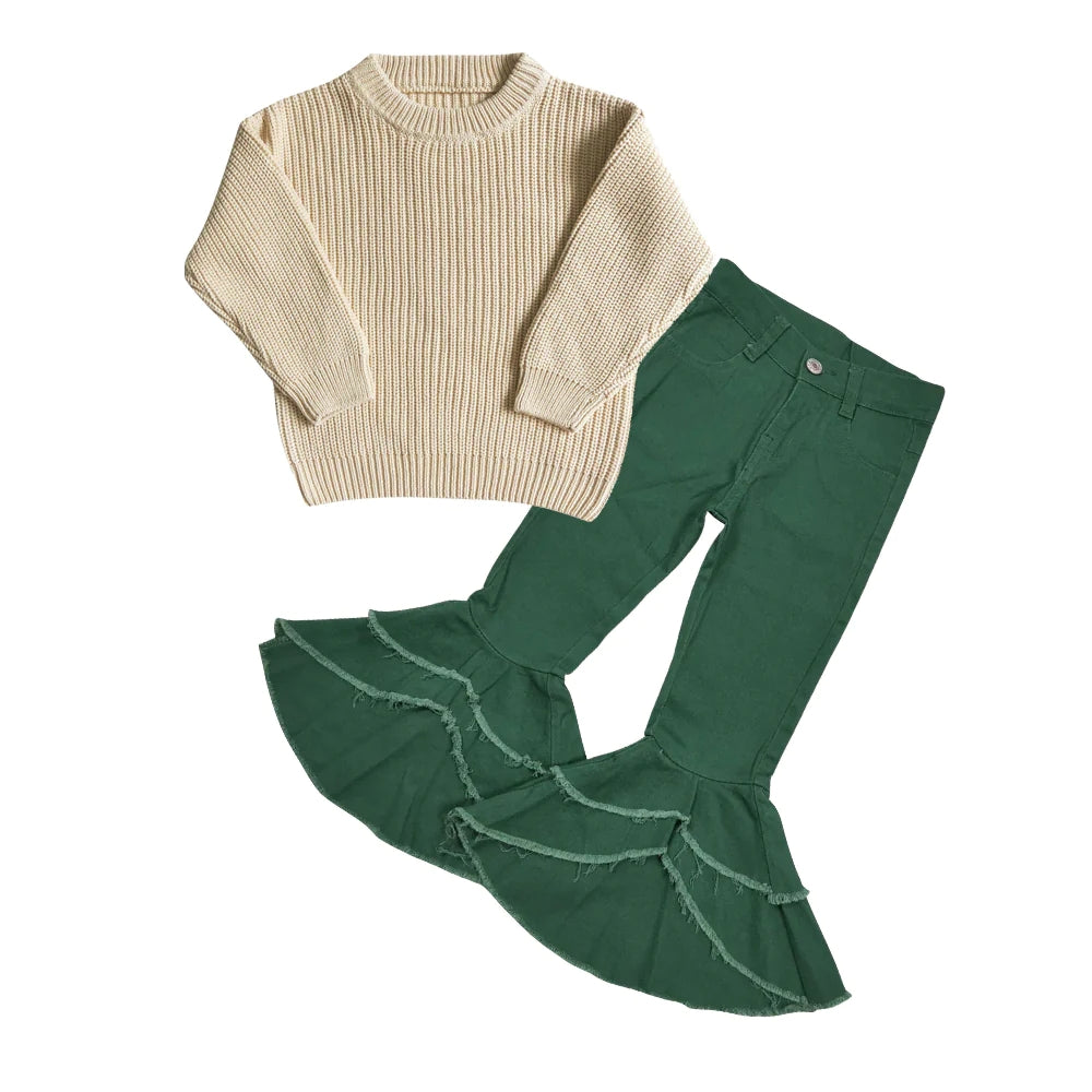 Baby Girl Long Sleeves Sweater Green Denim Bell Pants Outfit