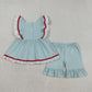 Baby Girls Short Sleeves Embroidery Flag Ruffle Tops Blue Shorts 4th of July Clothes Set RTS