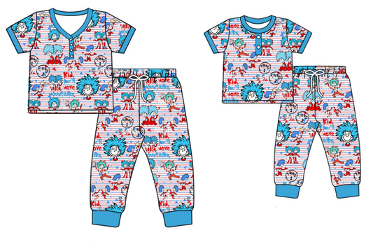 Baby Kids Toddler Toddler Adult Short Sleeves Dr Reading Pants Blue Sibling Family Pajamas Set ( Moq 5 Each Style )11.28