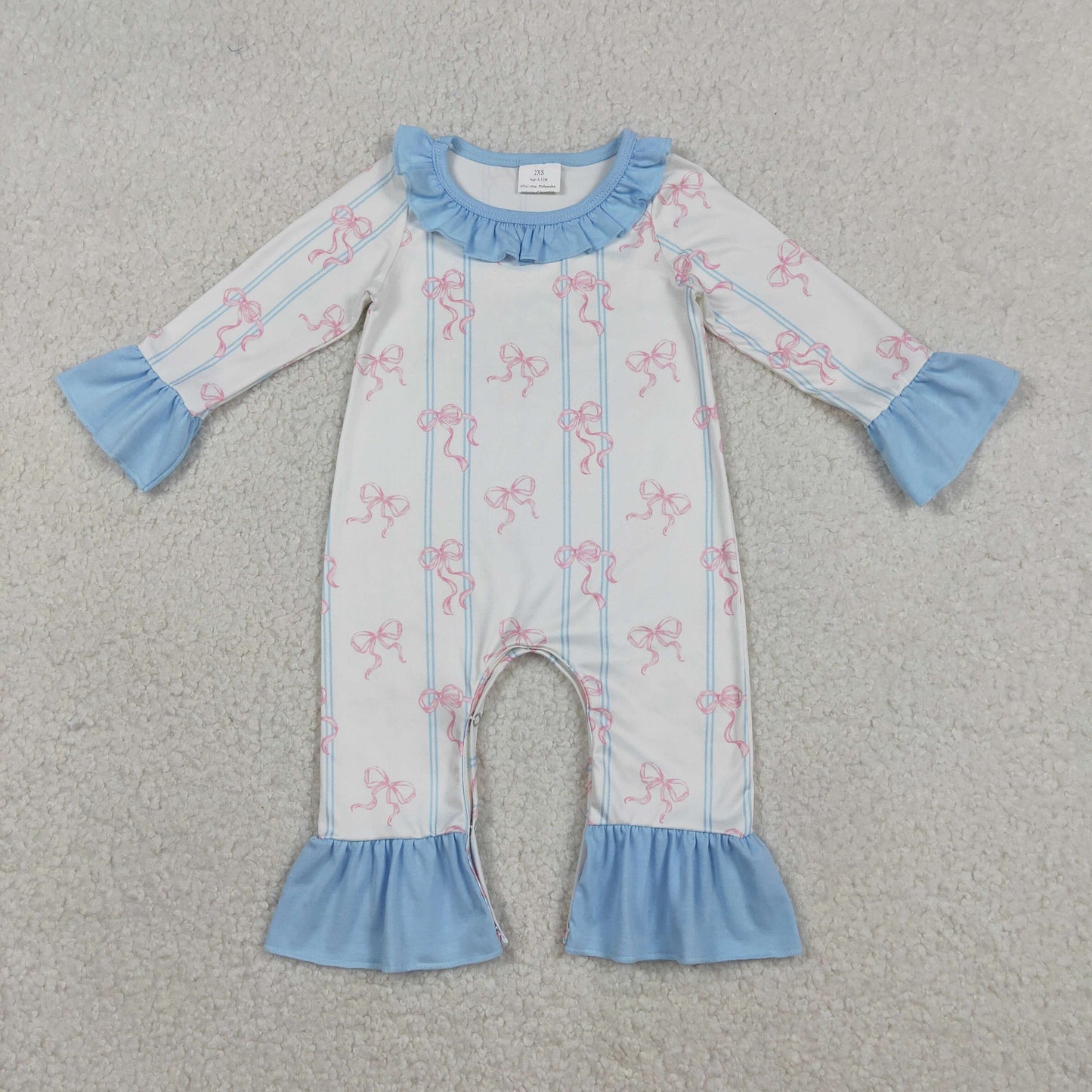 Baby Girls Infant Long Sleeves Bows Stripes Blue Ruffle Romper RTS