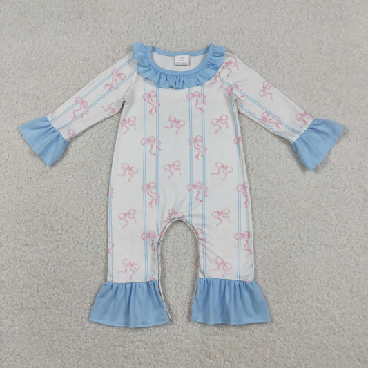 Baby Girls Infant Long Sleeves Bows Stripes Blue Ruffle Romper RTS