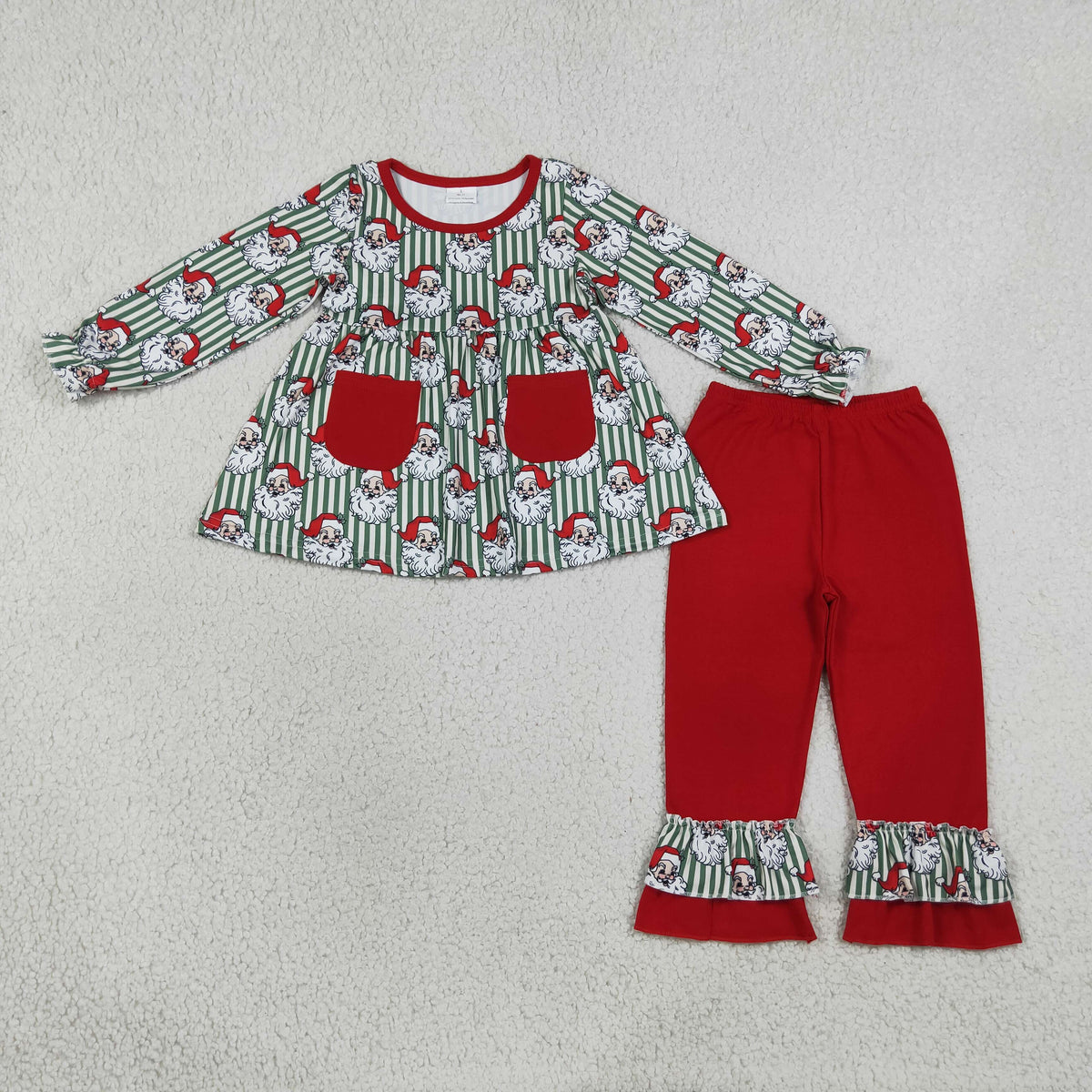 Baby Girl Kids Christmas Santa Stripes Pockets Tunic Red Ruffle Pants Set Clothes RTS