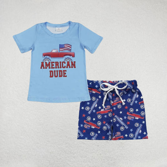 Baby Boy Short Sleeves Blue Shirt Trucks Shorts July 4th Set