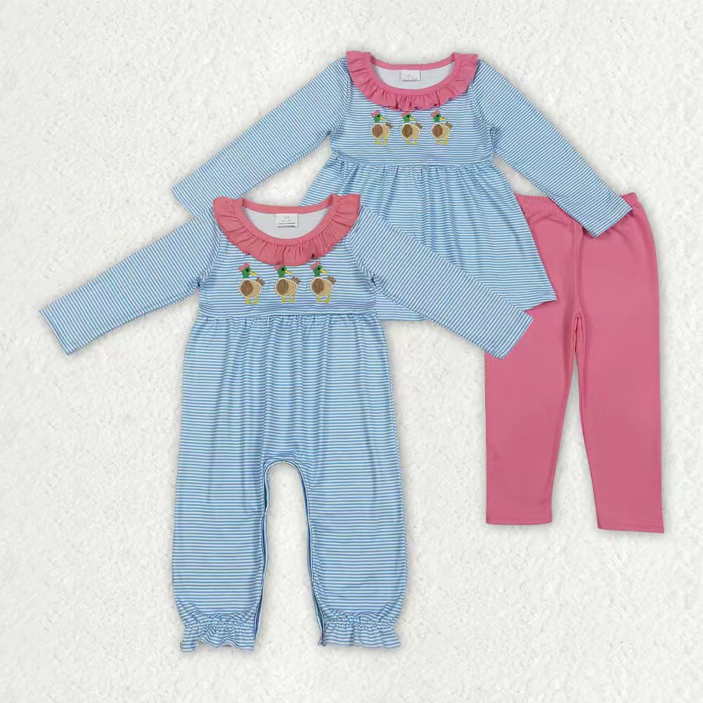 Sibling Baby Girls Kids Long Sleeves Embroidery Ducks Stripes Romper Set RTS