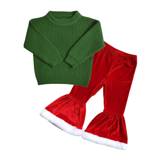 Baby Girl Long Sleeves Green Sweater Red Velvet Bell Pants Christmas Outfit