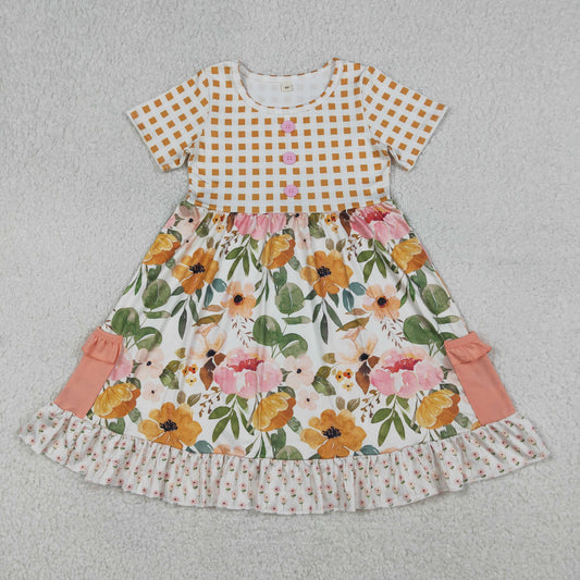 Baby Girls Kids Short Sleeves Plaid Flower Knee Length Pockets Ruffle Dress RTS