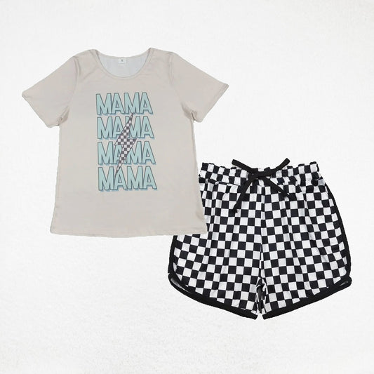 RTS Adult Women Short Sleeves Mama Shirt Plaid Shorts Set RTS