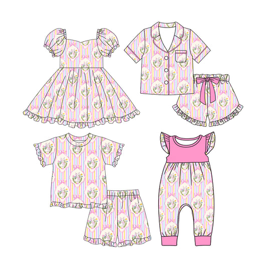 ( Moq 5 Each Style ) Baby Girls Kids Rabbits Bows Flower Stripes Sibling Easter Pink Romper Dress Set