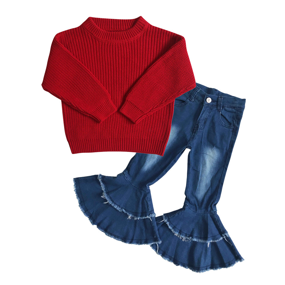 Baby Girl Long Sleeves Red Sweater Blue Denim Bell Pants Outfit