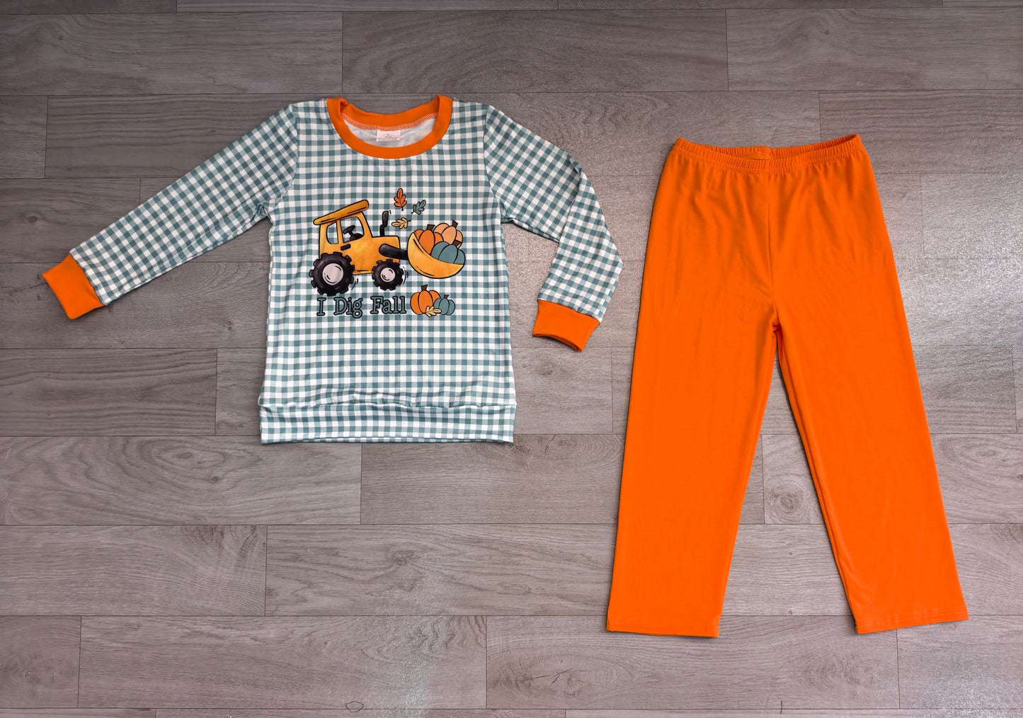 ( No moq ) Preorder Baby Boys Kids Long Sleeves Pumpkins Tractor Shirt Orange Pants Set Fall Clothes