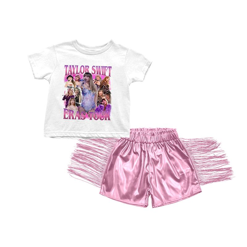 Moq 3 Pre-order GSSO0877 Baby Girls Singer Shirt Pink Leather Tassel Shorts Outfit Set