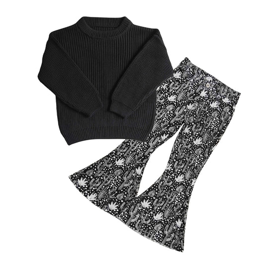 Baby Girl Long Sleeves Black Sweater Western Cactus Denim Bell Pants Outfit