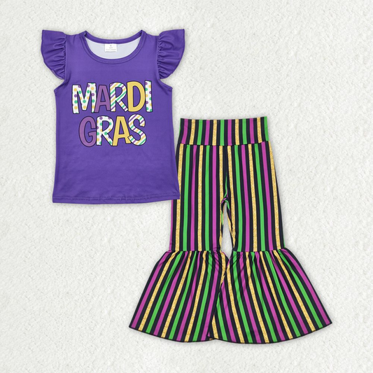 Baby Girl Short Sleeves Purple Mardi Gras Shirt Stripes Bell Pants Clothes Set