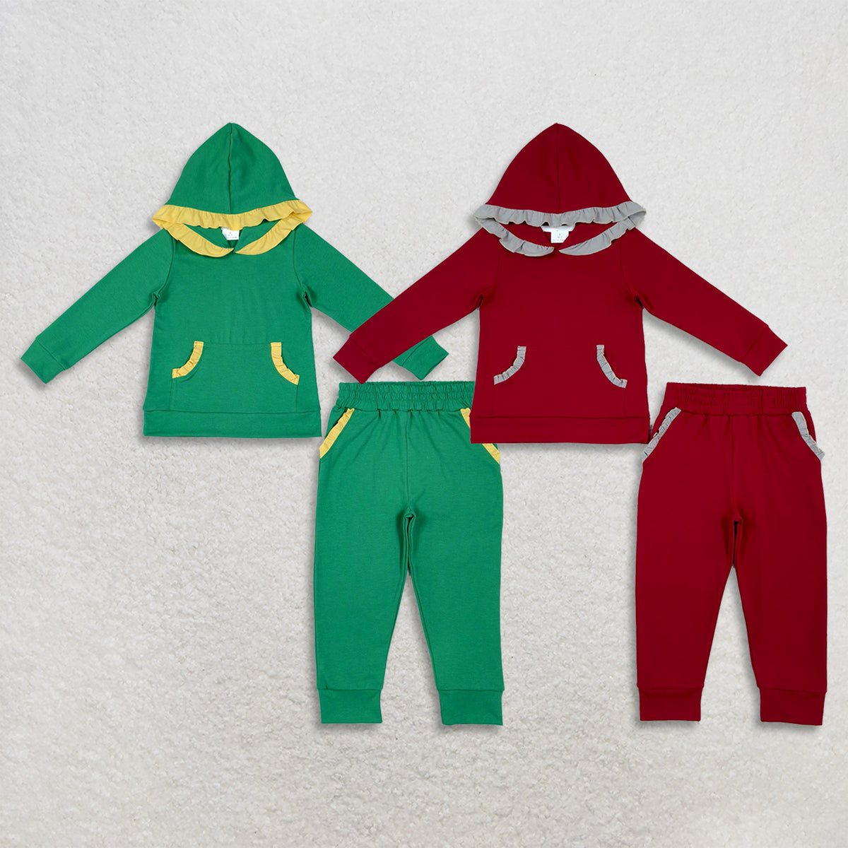 Sibling Baby Girls Kids Long Sleeves Ruffle Hoodie Pullovers Pockets Pants Team Sets Cotton Clothes RTS