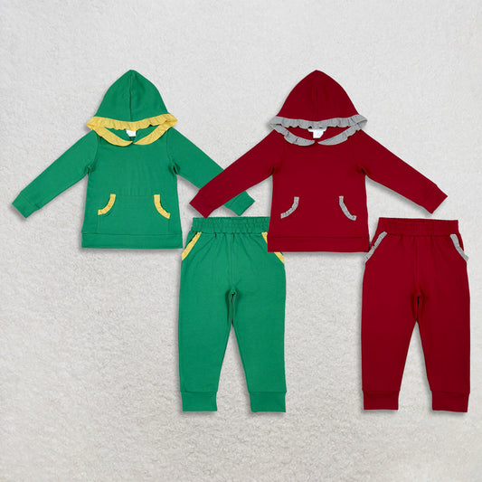 Sibling Baby Girls Kids Long Sleeves Ruffle Hoodie Pullovers Pockets Pants Team Sets Cotton Clothes RTS