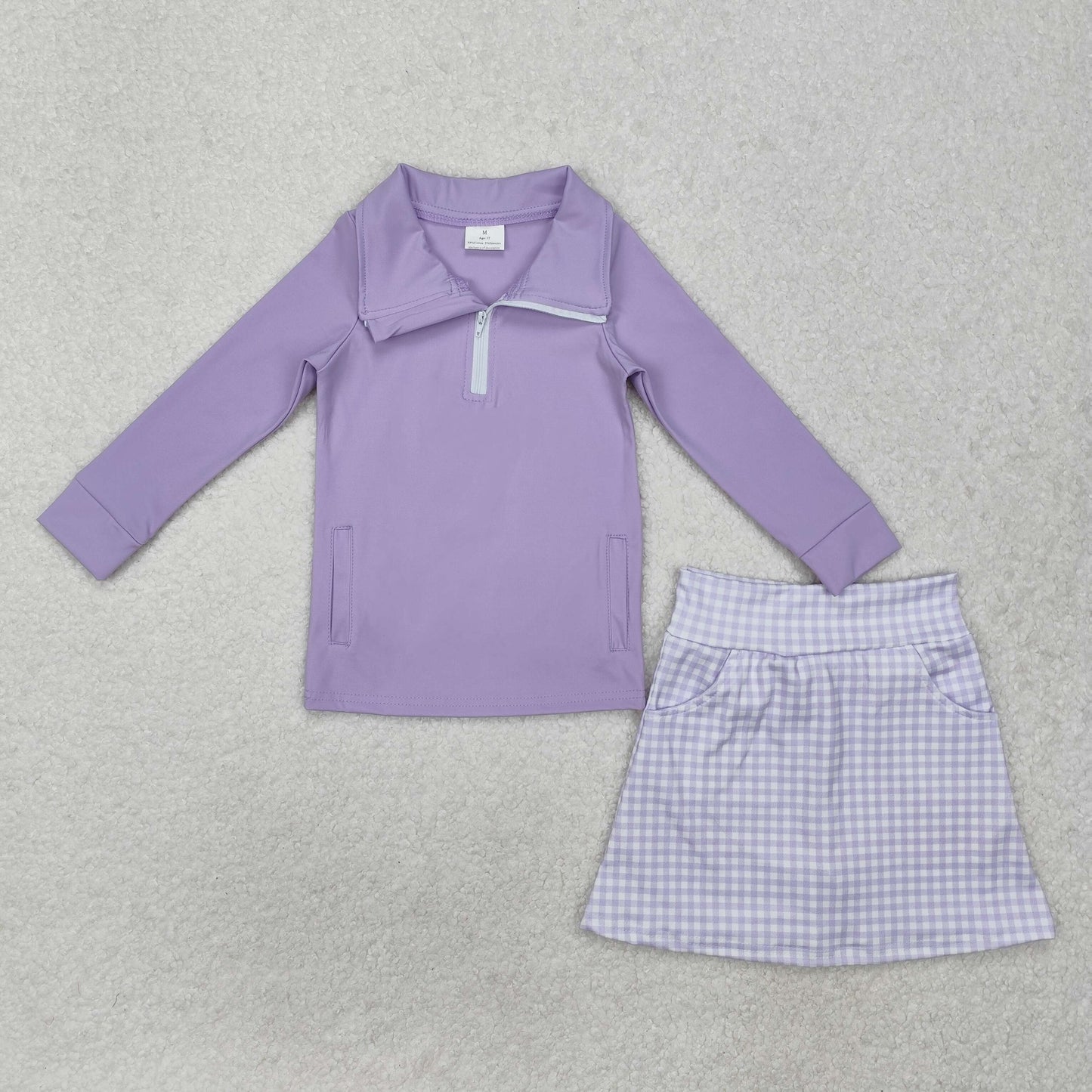 RTS Baby Girl Long Sleeves Purple Zipper Shirt Plaid Pocket Skorts Shorts Skirt Active Wear Clothes Set