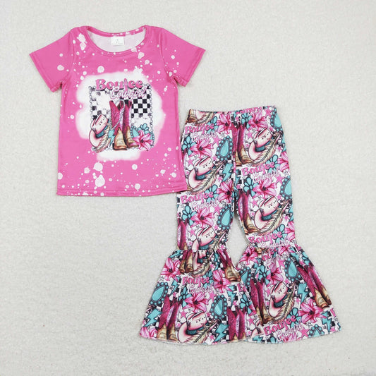 GSPO1293 Western Baby Girl Short Sleeves Boots Shirt Hats Floral Bell Pants Set