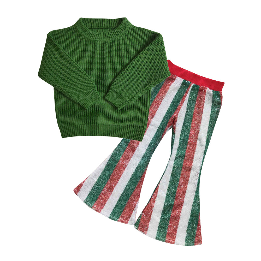 Baby Girl Long Sleeves Green Sweater Stripes Sequins Bell Pants Outfit