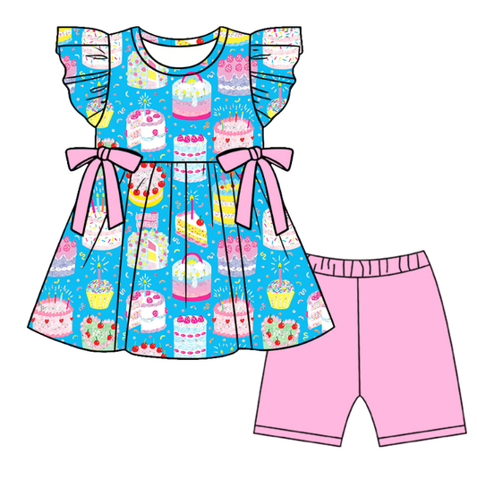 ( Moq 5 ) Baby Girls Toddler Short Sleeves Birthday Tops Pink Shorts Summer Set