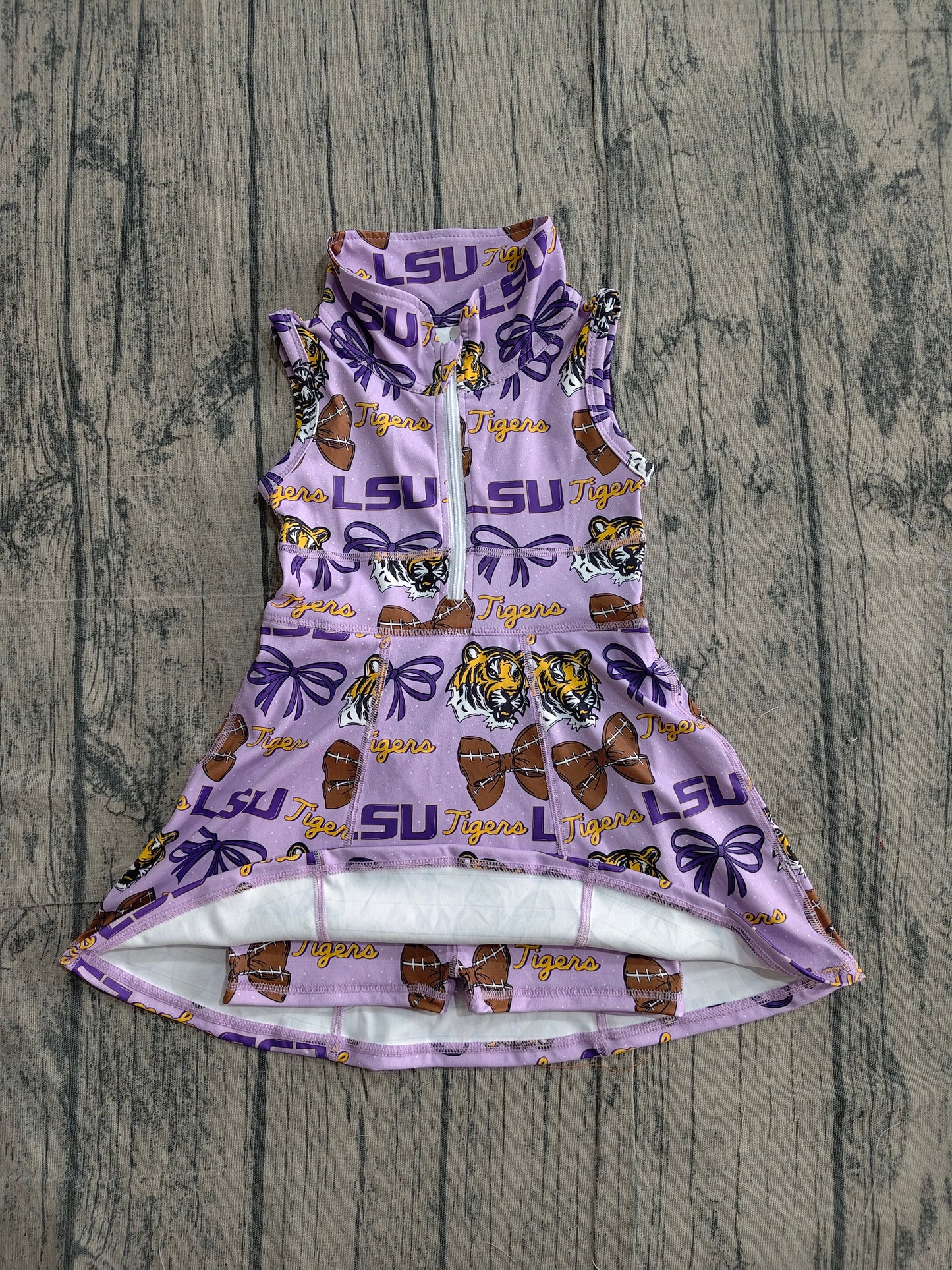 ( No moq ) Preorder Baby Girls Kids Tigers Football Bows Team Purple Yoga Zipper Knee Length Dress