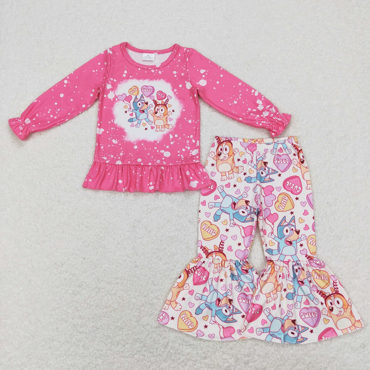 GLP1123 Baby Kids Pink Long Sleeves Shirt Valentine's Hearts Dogs Bell Pants Set