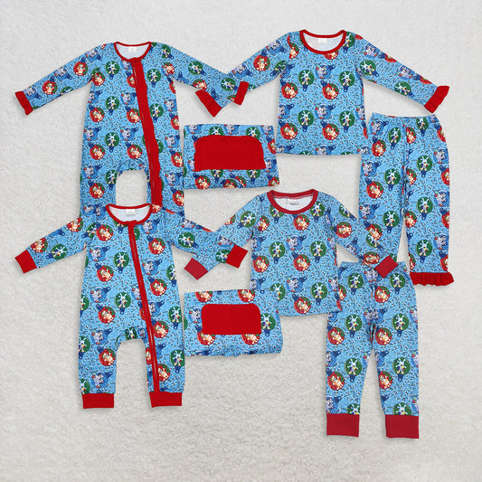 Boys Girls Long Sleeves Dogs Sibling Christmas Zipper Romper Pajamas Set Blue Clothes RTS
