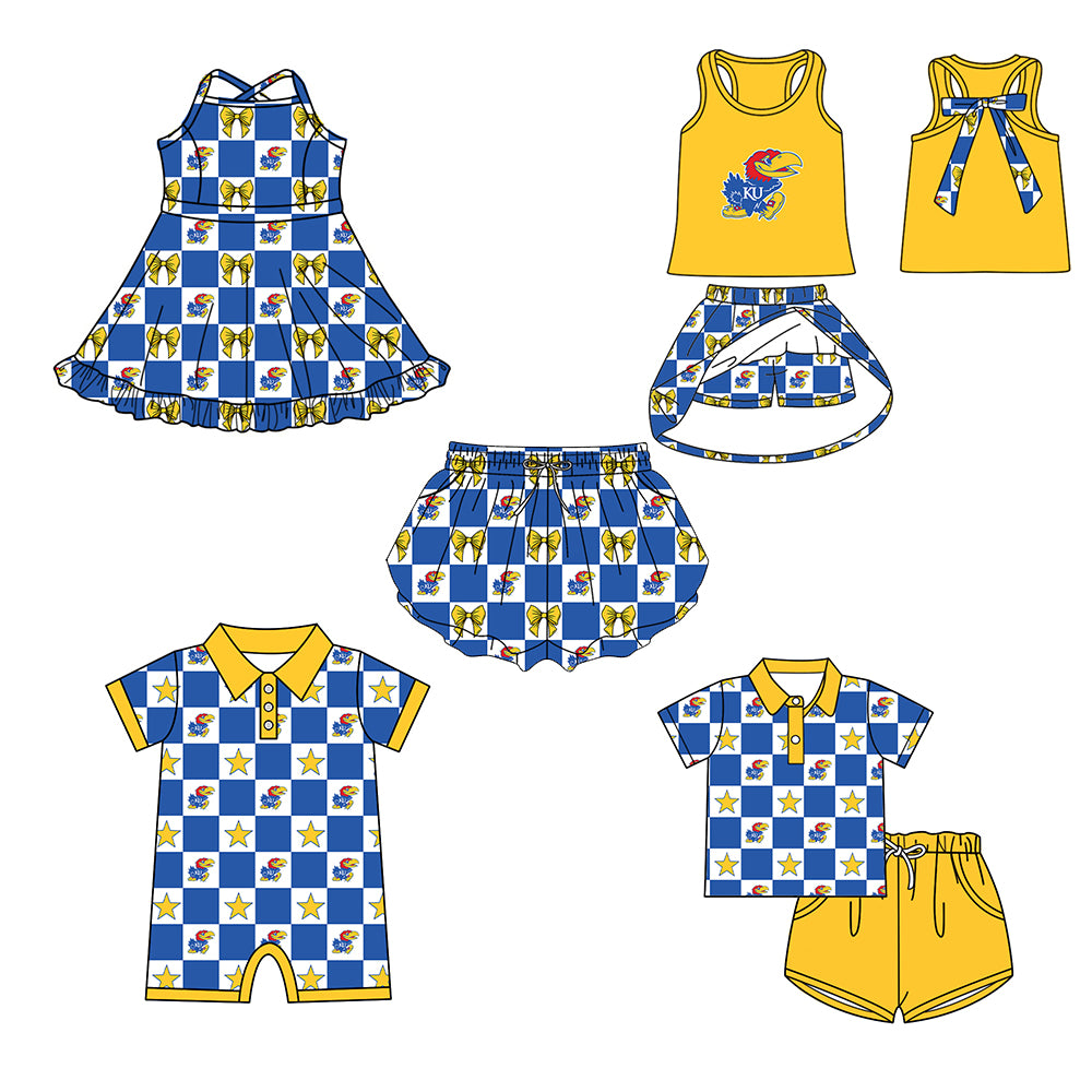 ( Moq 5 Each Style ) Baby Boys Girls Toddler Bows Blue Plaid Team Sibling Shorts Dress Sets Clothes