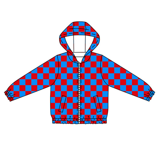 Baby Boy Kids Long Sleeves Red Blue Checkered Hoodie Zipper Cardigan Tops