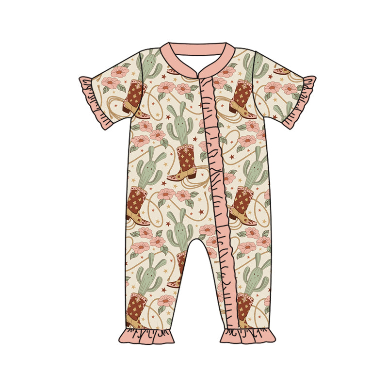 Baby Girl Infant Short Sleeves Boots Cactus Flower Zipper Romper