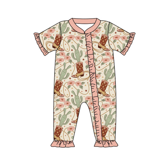 Baby Girl Infant Short Sleeves Boots Cactus Flower Zipper Romper