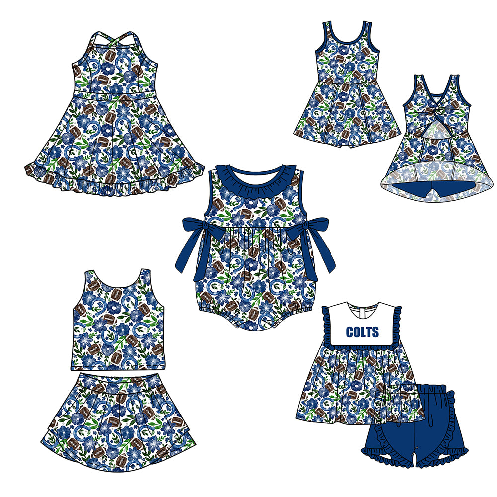 ( Moq 5 Each Style ) Baby Girls Kids Sleeveless Football Flower Sibling Blue Romper Dresses Sets