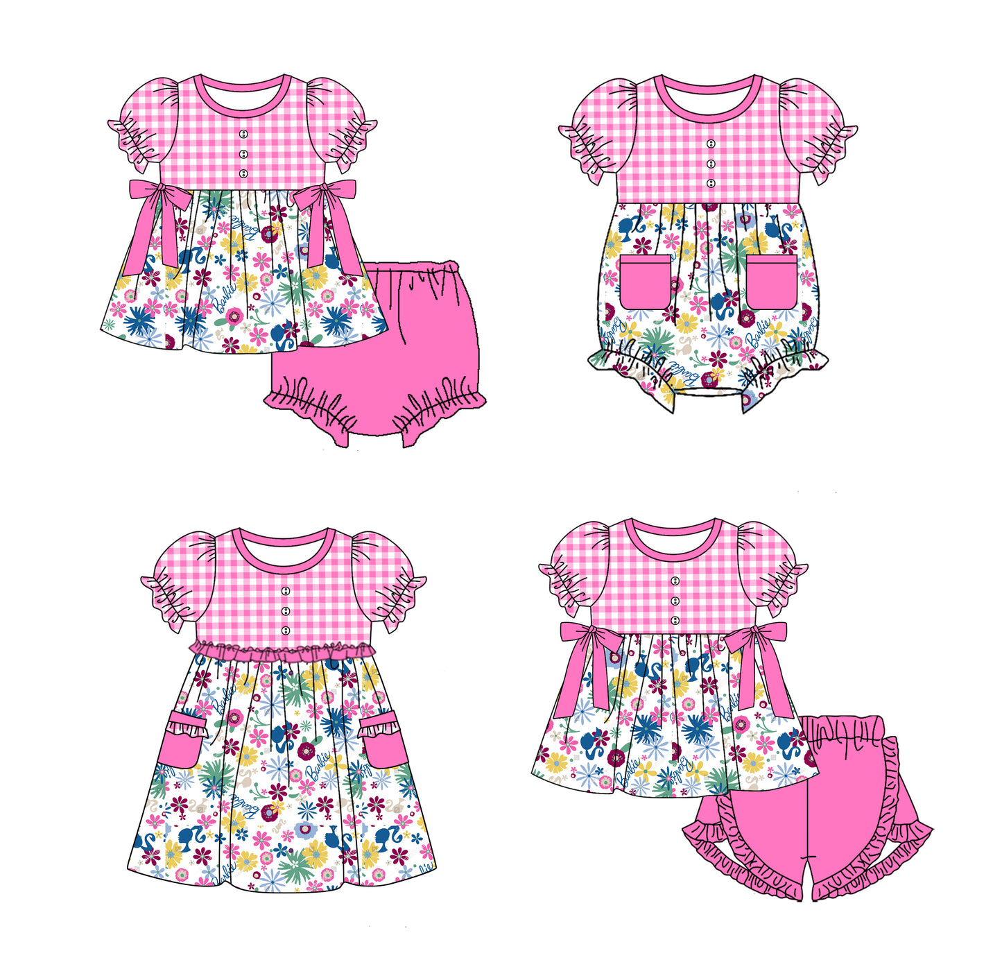 Baby Girl Short Sleeves Flower Bows Sibling Romper Dress Clothes Set ( Moq 5 Each Design )