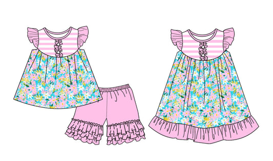 Baby Girl Short Sleeves Flower Pink Stripes Sibling Romper Dress Set ( Moq 5 Each Style ) 3.11