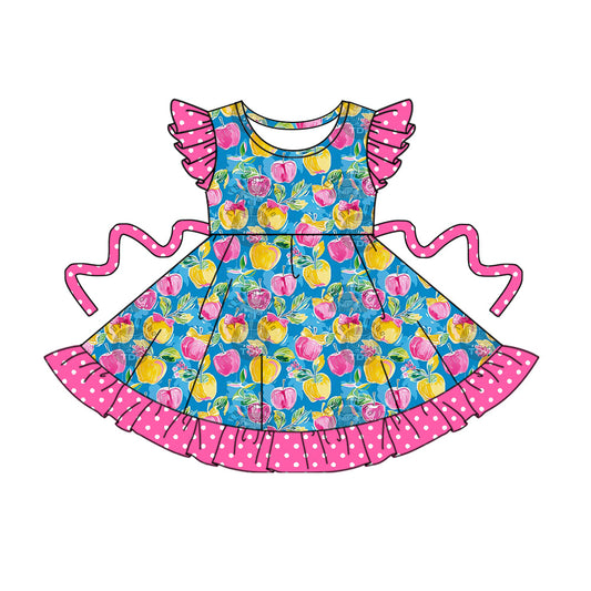 Baby Girl Short Sleeves Back To School Apple Bows Knee Length Dress ( Moq 5 ) 2.19