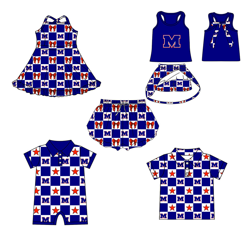 ( Moq 5 Each Style ) Baby Boys Girls Toddler Bows Team Sibling Shorts Dress Shirt Set Blue Clothes