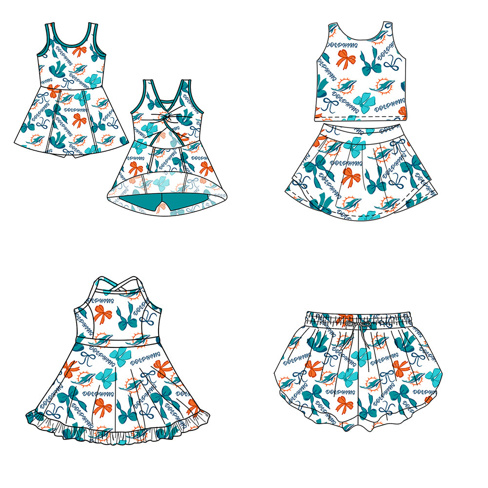 ( Moq 5 Each Style ) Baby Girls Toddler Green Bows Team Sibling Shorts Dresses Set Summer Clothing