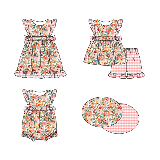 Baby Girl Short Sleeves Flower Plaid Sibling Romper Dress Clothes Set ( Moq 5 Each Design )