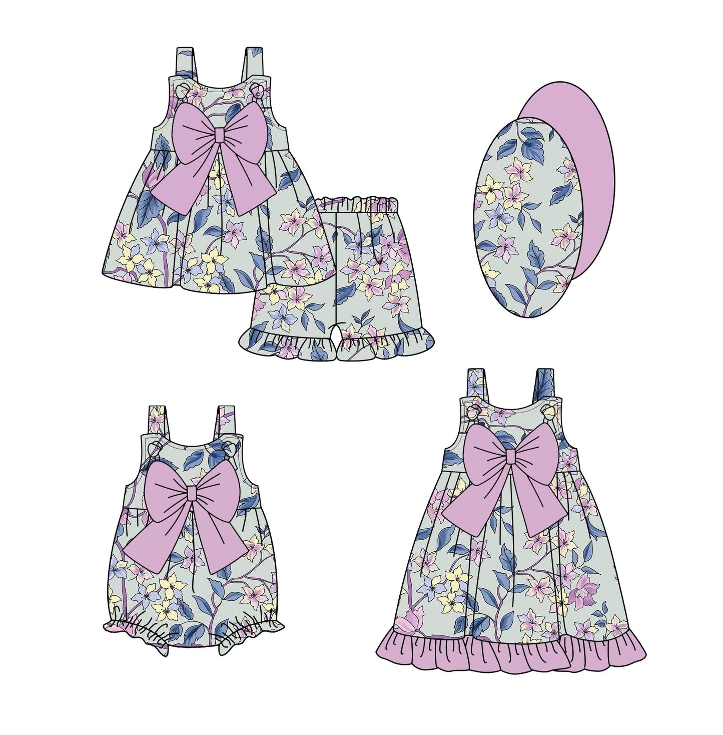 Baby Girl Straps Flower Purple Bows Sibling Romper Dress Set ( Moq 5 Each Style ) 1.24