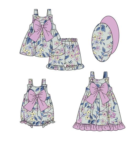 Baby Girl Straps Flower Purple Bows Sibling Romper Dress Set ( Moq 5 Each Style ) 1.24