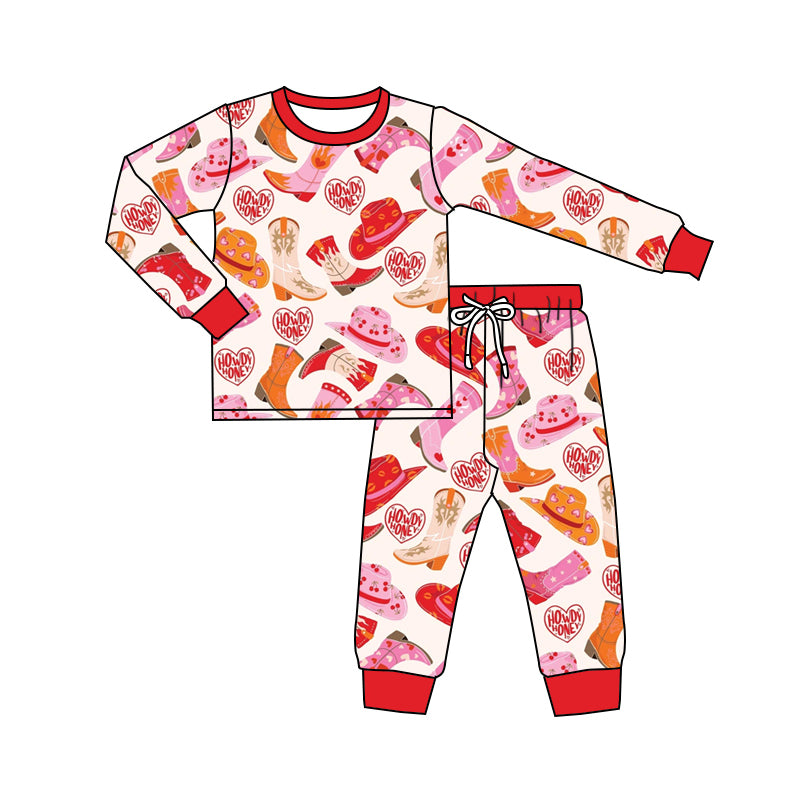 Baby Girl Toddler Long Sleeves Valentine Hearts Boots Shirt Pants Pajamas Set