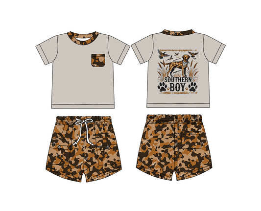 Baby Kids Short Sleeves Southern Boy Dog Ducks Shirt Camo Pockets Shorts Set ( Moq 5 ) 12.9